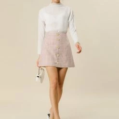 Allegra K Women's Houndstooth Plaids Heart Button Decor High Waist A-Line Mini Skirt