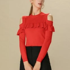 Allegra K Cold Shoulder Knit Top With Ruffle Front Women