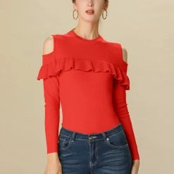 Allegra K Cold Shoulder Knit Top With Ruffle Front Women