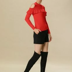 Allegra K Cold Shoulder Knit Top With Ruffle Front Women