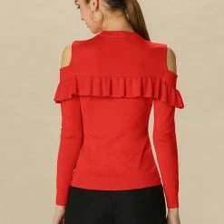 Allegra K Cold Shoulder Knit Top With Ruffle Front Women