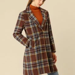 Allegra K Notched Lapel Tartan Plaid Coat