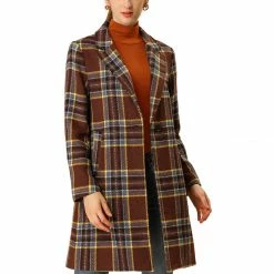 Allegra K Notched Lapel Tartan Plaid Coat