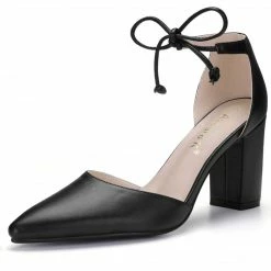 Allegra K Shoes Women Ankle Tie Chunky Heel Pointed Toe Dress Pumps