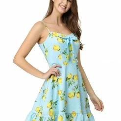 Women Allegra K Spaghetti Strap Bowknot Ruffle Lemon Polka Dot Dress