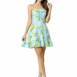 Women Allegra K Spaghetti Strap Bowknot Ruffle Lemon Polka Dot Dress