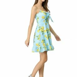 Women Allegra K Spaghetti Strap Bowknot Ruffle Lemon Polka Dot Dress