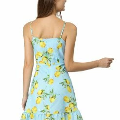Women Allegra K Spaghetti Strap Bowknot Ruffle Lemon Polka Dot Dress