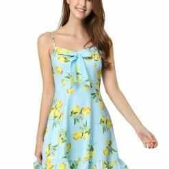 Women Allegra K Spaghetti Strap Bowknot Ruffle Lemon Polka Dot Dress