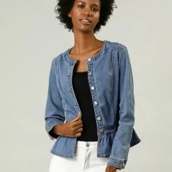 Allegra K Round Collar Peplum Denim Jacket