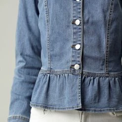 Allegra K Round Collar Peplum Denim Jacket