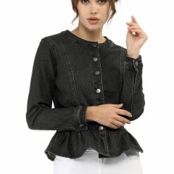 Allegra K Round Collar Peplum Denim Jacket