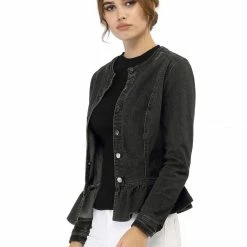 Allegra K Round Collar Peplum Denim Jacket