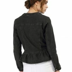 Allegra K Round Collar Peplum Denim Jacket