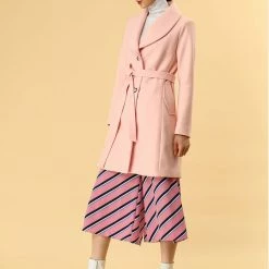 Allegra K Women's Casual Cute Turn Down Collar Slim Single Breasted Belted Coat