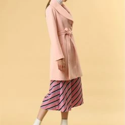 Allegra K Women's Casual Cute Turn Down Collar Slim Single Breasted Belted Coat