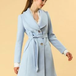 Allegra K Women's Casual Cute Turn Down Collar Slim Single Breasted Belted Coat