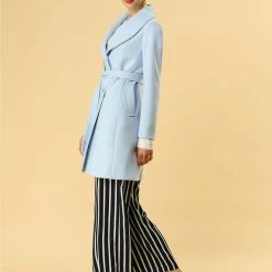 Allegra K Women's Casual Cute Turn Down Collar Slim Single Breasted Belted Coat