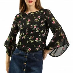 Allegra K 3/4 Bell Sleeve Floral Print Chiffon Blouse With Spaghetti Strap Cami