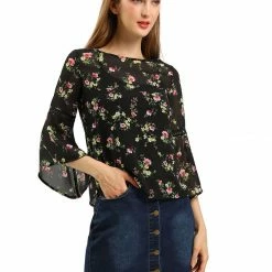 Allegra K 3/4 Bell Sleeve Floral Print Chiffon Blouse With Spaghetti Strap Cami