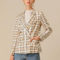 Allegra K Women's Notched Lapel Double Breasted Plaid Formal Blazer Jackets 49 Allegra K Women's Notched Lapel Double Breasted Plaid Formal Blazer Jackets