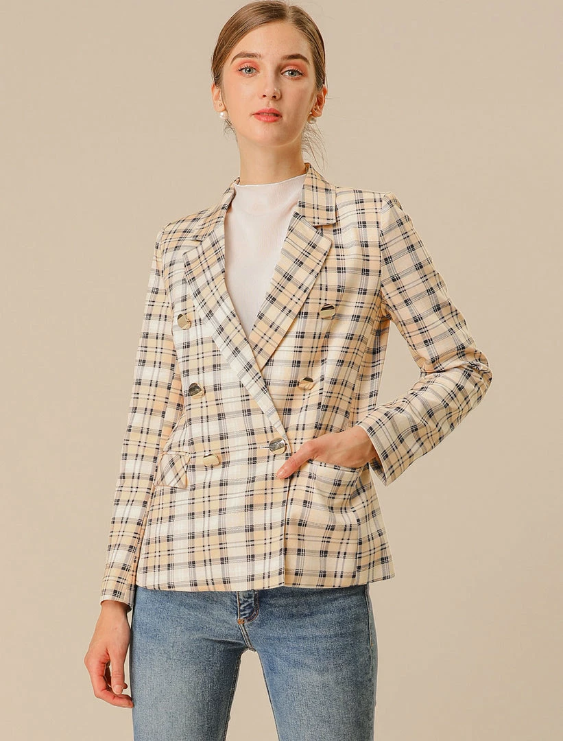 Allegra K Women's Notched Lapel Double Breasted Plaid Formal Blazer Jackets 19 Allegra K Women's Notched Lapel Double Breasted Plaid Formal Blazer Jackets