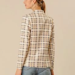 Allegra K Women's Notched Lapel Double Breasted Plaid Formal Blazer Jackets 50 Allegra K Women's Notched Lapel Double Breasted Plaid Formal Blazer Jackets