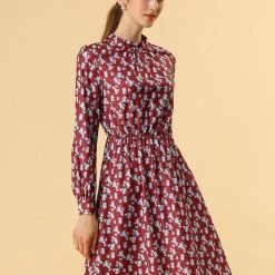 Allegra K Floral Long Sleeve Mock Neck Tie Waist Dress