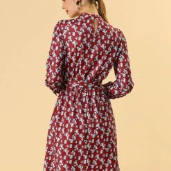 Allegra K Floral Long Sleeve Mock Neck Tie Waist Dress