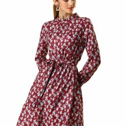 Allegra K Floral Long Sleeve Mock Neck Tie Waist Dress
