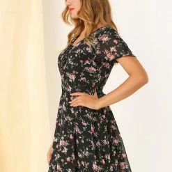 Allegra K Floral Lace-up V-neck Flouncing Sleeve Chiffon Dress Clothing 112 Allegra K Floral Lace-up V-neck Flouncing Sleeve Chiffon Dress Clothing