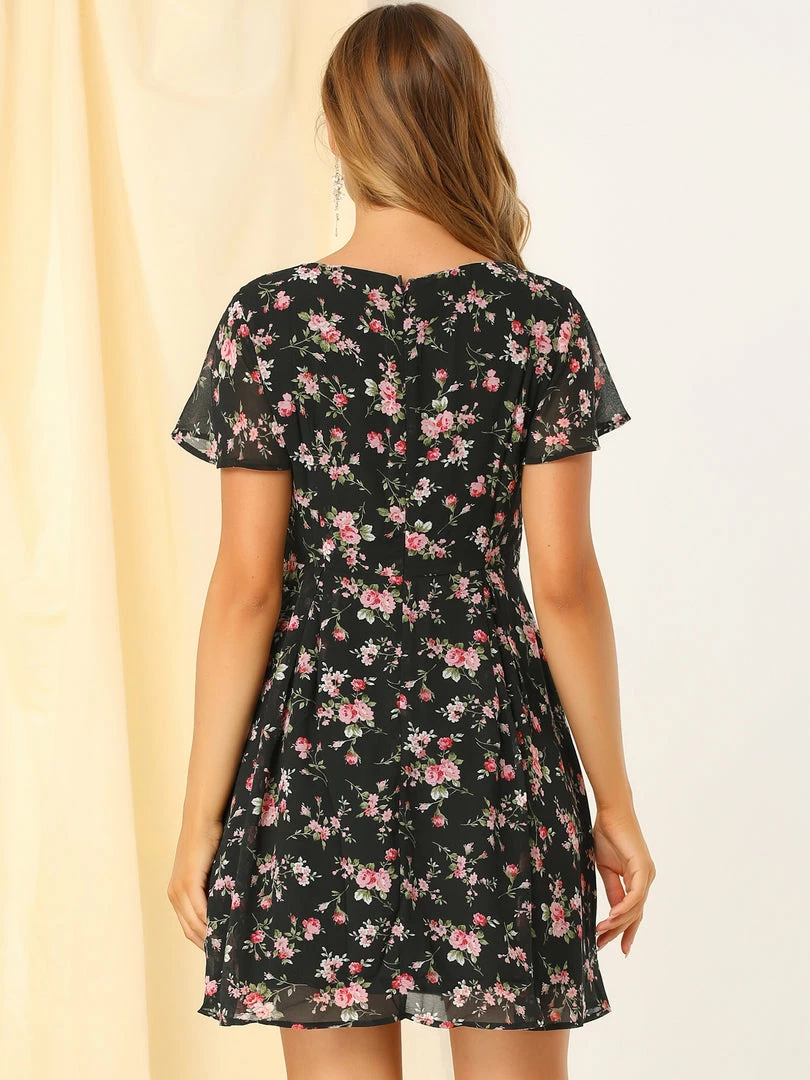 Allegra K Floral Lace-up V-neck Flouncing Sleeve Chiffon Dress Clothing 37 Allegra K Floral Lace-up V-neck Flouncing Sleeve Chiffon Dress Clothing