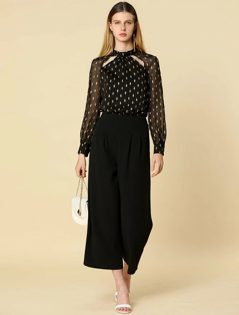 Allegra K Cut Out Long Sleeve Chiffon Blouses With Stand Collar In Metallic Dots Women 6 Allegra K Cut Out Long Sleeve Chiffon Blouses With Stand Collar In Metallic Dots Women