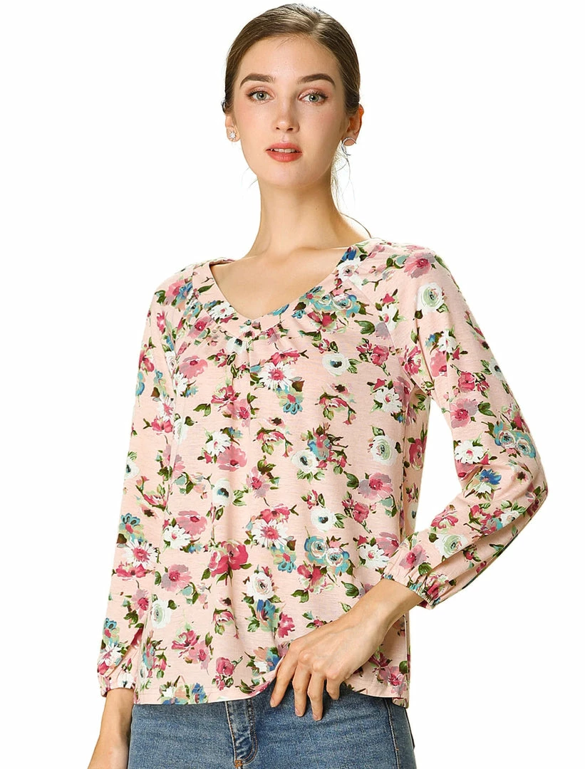 Women Allegra K 3/4 Sleeve V Neck Floral Blouse 11 Women Allegra K 3/4 Sleeve V Neck Floral Blouse
