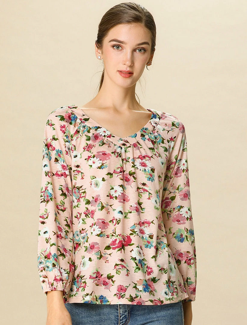 Women Allegra K 3/4 Sleeve V Neck Floral Blouse 12 Women Allegra K 3/4 Sleeve V Neck Floral Blouse