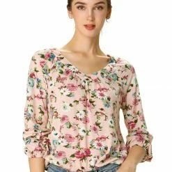 Women Allegra K 3/4 Sleeve V Neck Floral Blouse 22 Women Allegra K 3/4 Sleeve V Neck Floral Blouse