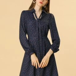 Women Allegra K Dots Print Button Long Sleeve Tie Neck Dress