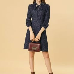 Women Allegra K Dots Print Button Long Sleeve Tie Neck Dress