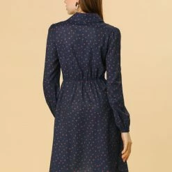 Women Allegra K Dots Print Button Long Sleeve Tie Neck Dress