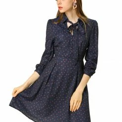 Women Allegra K Dots Print Button Long Sleeve Tie Neck Dress