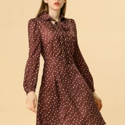 Women Allegra K Dots Print Button Long Sleeve Tie Neck Dress
