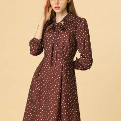 Women Allegra K Dots Print Button Long Sleeve Tie Neck Dress