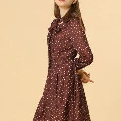 Women Allegra K Dots Print Button Long Sleeve Tie Neck Dress