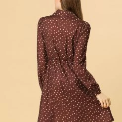 Women Allegra K Dots Print Button Long Sleeve Tie Neck Dress