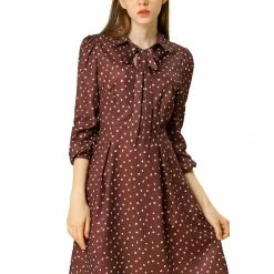 Women Allegra K Dots Print Button Long Sleeve Tie Neck Dress