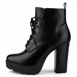 Allegra K Women's Round Toe Chunky Heel Lace Up Platform Boots