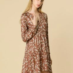 Women Allegra K Floral V Neck Cinched Waist Long Sleeve Dress