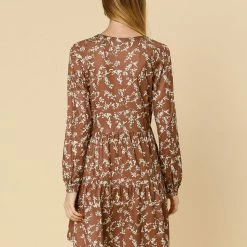 Women Allegra K Floral V Neck Cinched Waist Long Sleeve Dress