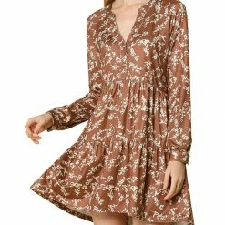 Women Allegra K Floral V Neck Cinched Waist Long Sleeve Dress