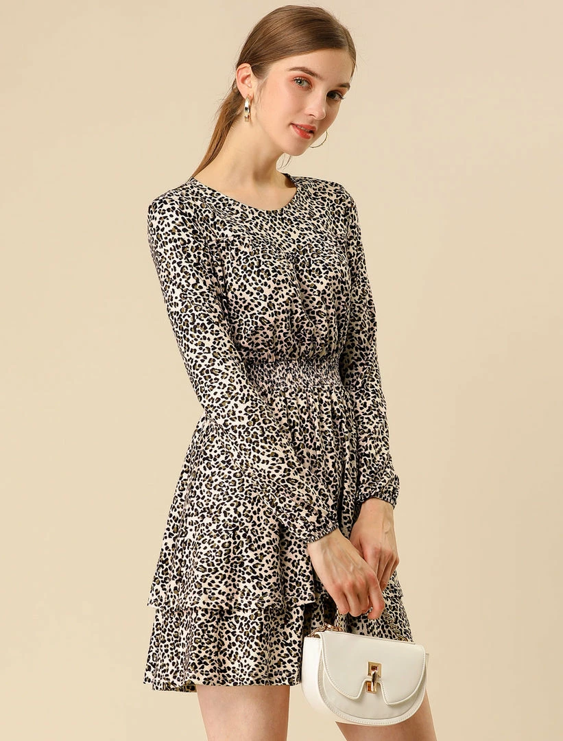 Allegra K Women's Leopard Print Long Sleeve Layered Ruffle Hem Dress 41 Allegra K Women's Leopard Print Long Sleeve Layered Ruffle Hem Dress